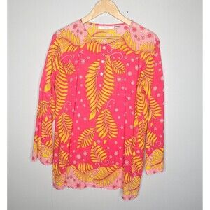GRAHAM KANDIAH NY Tunic Top Women's Large Pink Yellow Leaf Pattern Long Sleeves